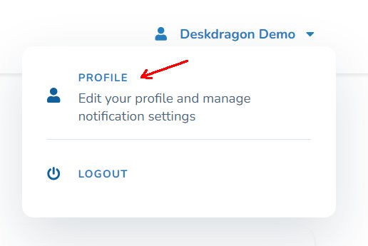 The profile menu in the top-right corner of Deskdragon with Profile highlighted