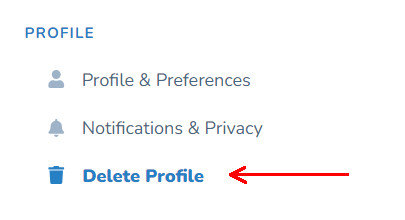 The profile page with Delete Profile selected in the left-hand menu
