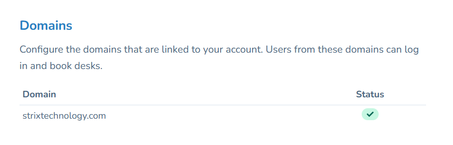 Domains settings showing linked domain and status