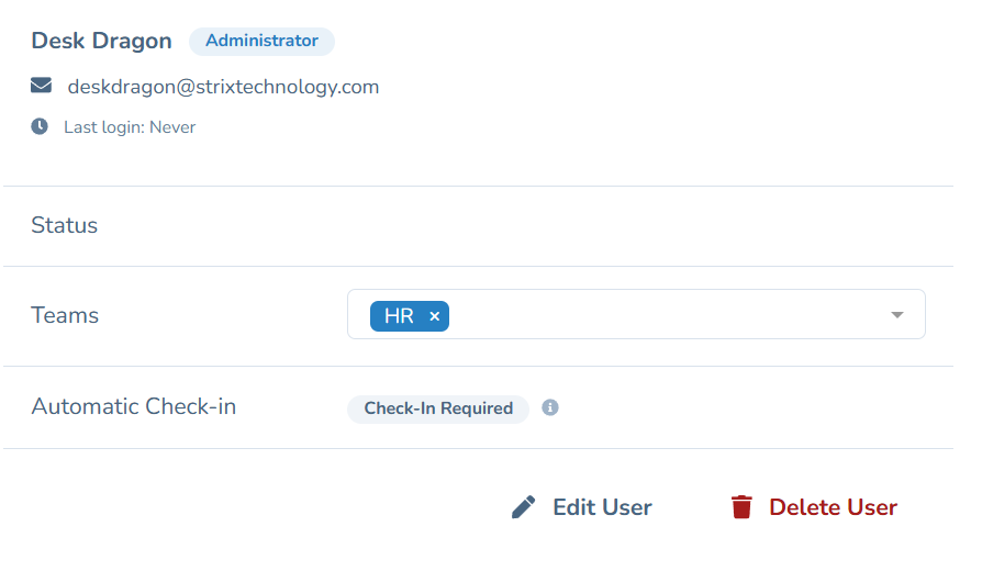 User detail page showing profile, teams, check-in status, and actions