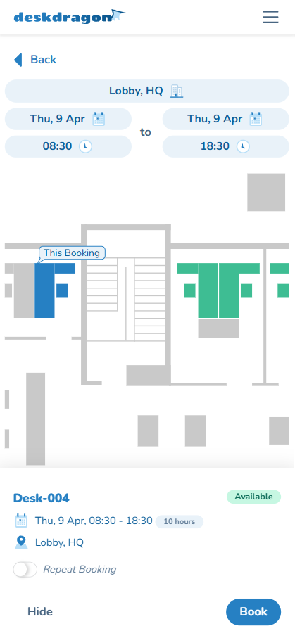 Create Booking screen with floor plan and desk selection